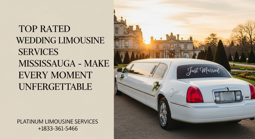 Bride and groom arriving in a luxury Mississauga wedding limousine by Platinum Limousine