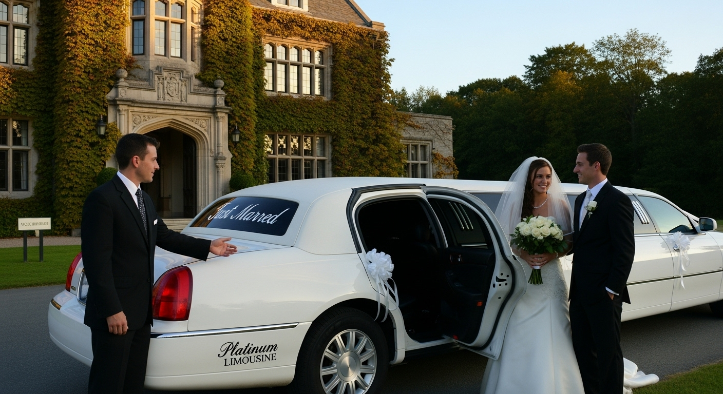 Bride and groom arriving in a Platinum Limousine wedding limo in Woodbridge Ontario