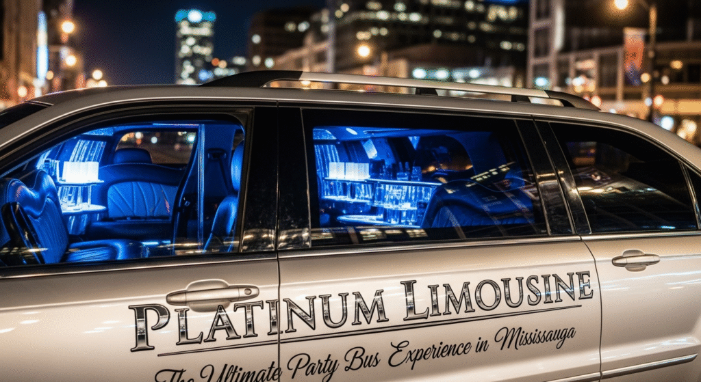 Luxury party bus in Mississauga by Platinum Limousine with LED lights and premium seating