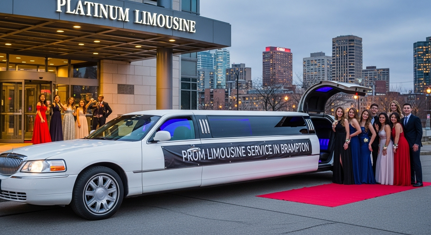 Luxury prom limousine service in Brampton by Platinum Limousine with students celebrating in style.