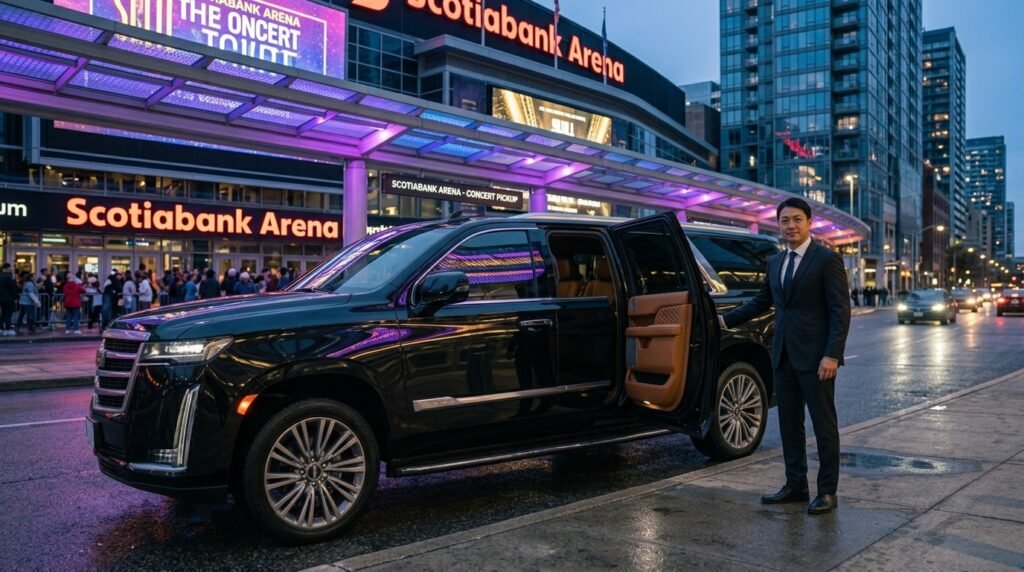 Professional chauffeur standing beside a black luxury executive SUV outside an illuminated Toronto arena showing transparent concert limo service rates.