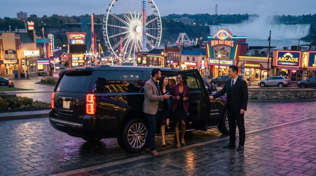 Professional chauffeur welcoming arriving resort guests beside an affordable black luxury SUV for cheap Fallsview Casino limousine service in Niagara Falls.