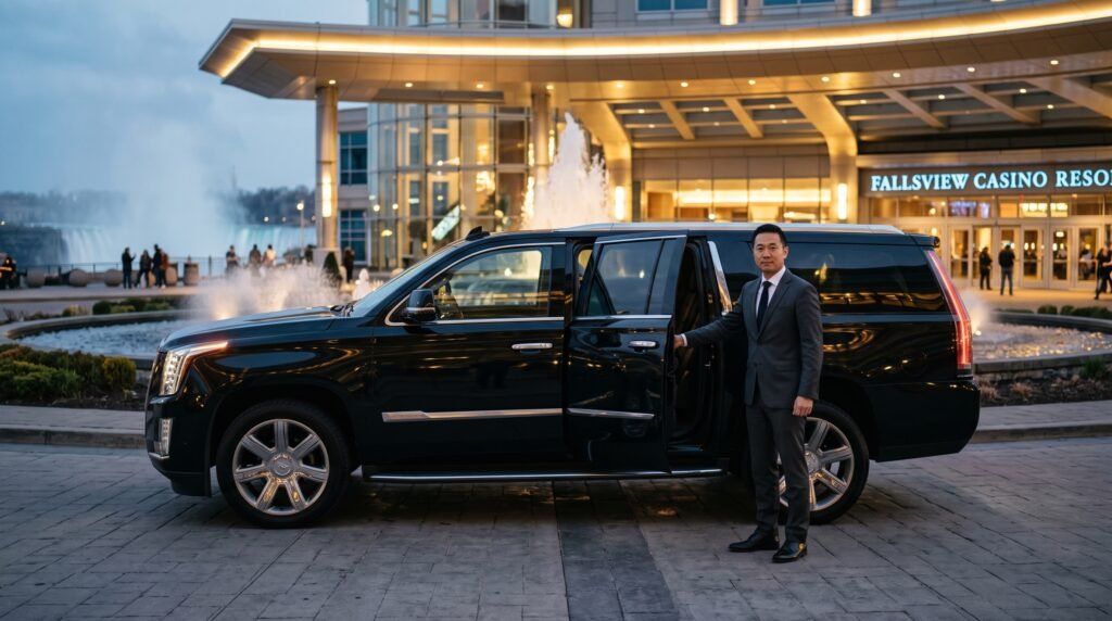 Professional chauffeur standing beside an executive black luxury SUV showing transparent Fallsview Casino limousine rates outside the resort.