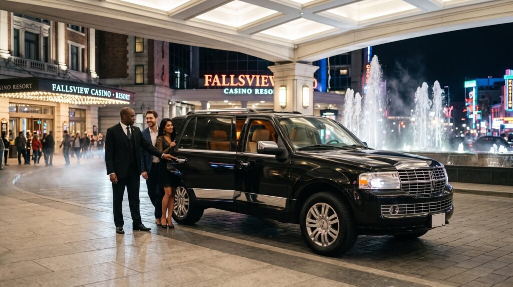 Professional chauffeur welcoming resort guests beside an executive black luxury SUV for Fallsview Casino limousine service in Niagara Falls.