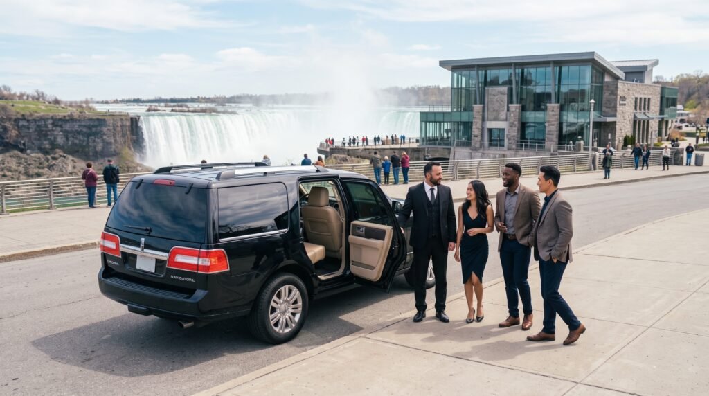 Professional chauffeur greeting arriving resort guests beside a black luxury executive SUV when they hire Fallsview Casino limousine transport.
