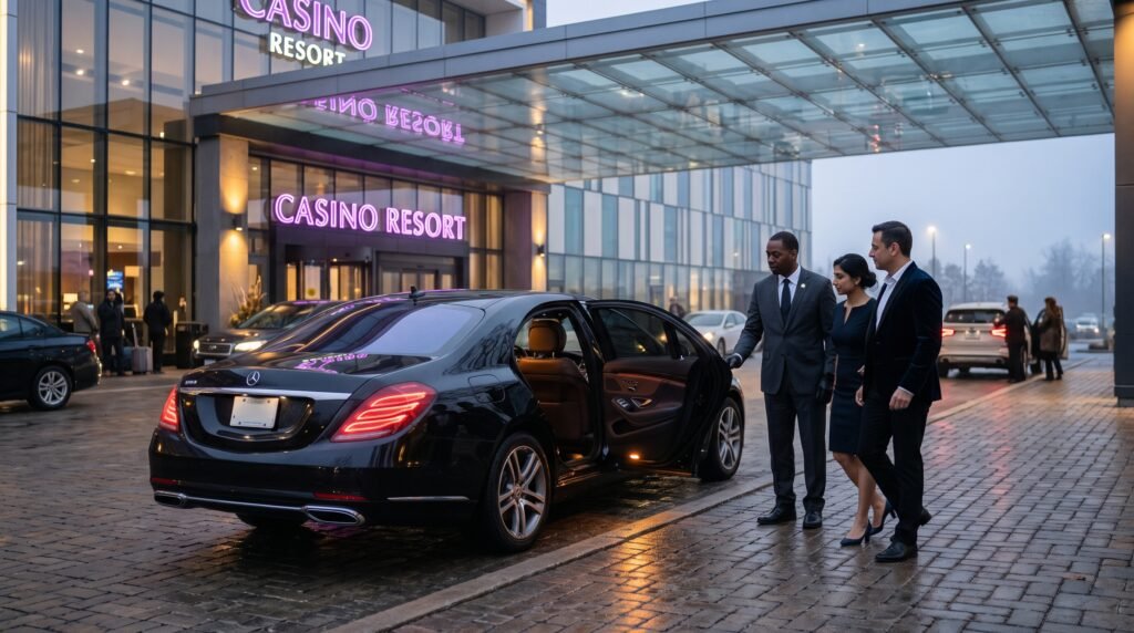 Uniformed chauffeur standing beside an executive black luxury saloon providing luxury casino limo Toronto service outside an illuminated Ontario gaming resort.