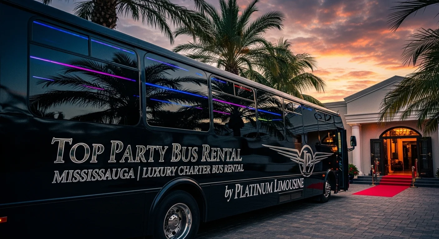 Luxury party bus in Mississauga by Platinum Limousine with LED lights and premium seating